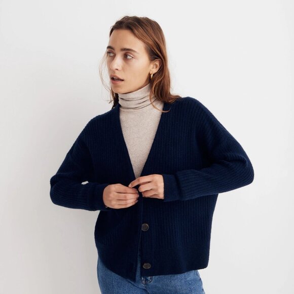 Madewell Women's Navy Blue Cameron Ribbed Cardigan Sweater Size Medium - Picture 1 of 5